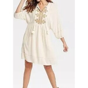 Knox Rose Women's Short Bishop Sleeve Embroidered Dress White Oversized‎ Small